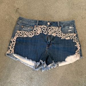 High waisted denim shorts with lace detail